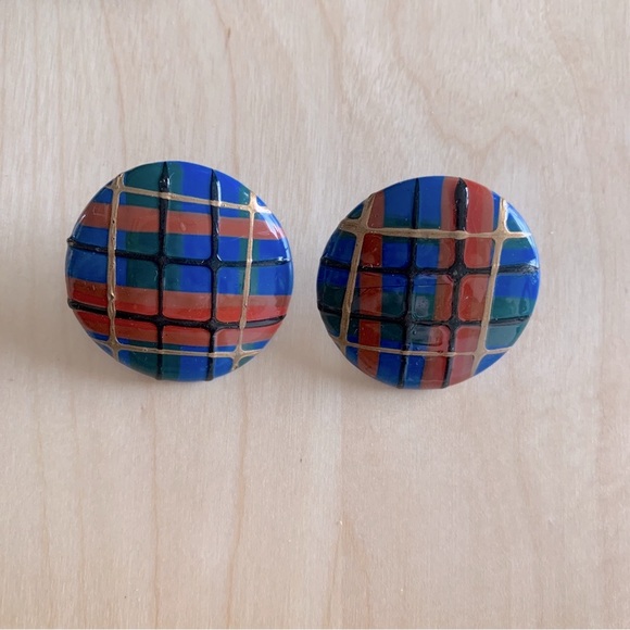 VINTAGE TARTAN PLAID EARRINGS BLUE RED YELLOW AND BLACK PATTERN - Picture 1 of 5